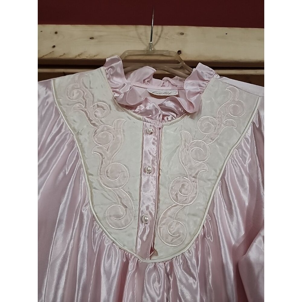 Vintage Sears Cachet Pink Satin Nightgown Womens Small Lace Long Sleeve Ruffle - Picture 2 of 11